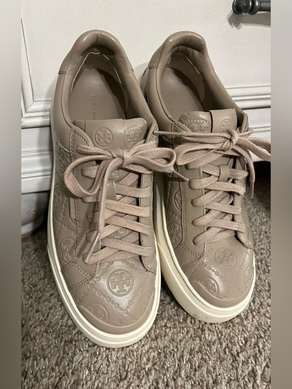Tory Burch Taupe Leather T Monogram Sneakers